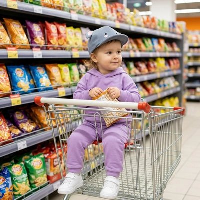 Casquette bebe,bébé dans chariot au supermarché