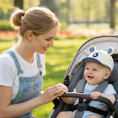 Casquette bebe ,bébé dans la poussette avec sa casquette bleu blanc