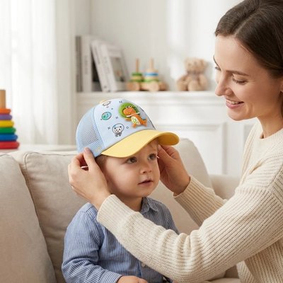 Casquette bebe bleu  très beau sur la tête d'un bébé