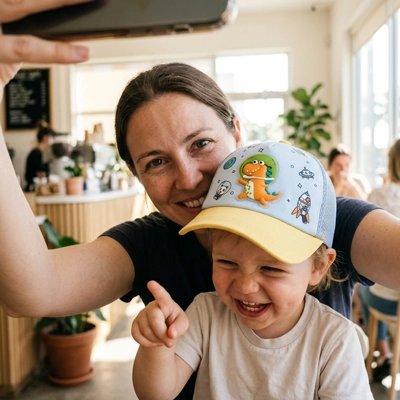 Casquette bebe bleu avec des dessins de dinosaures 