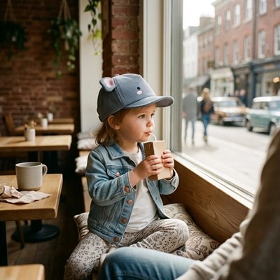 Casquette bebe,bébé bois du jus dans un restaurant 