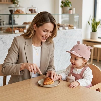 Casquette bebe rose ,bebe assis a table avec maman