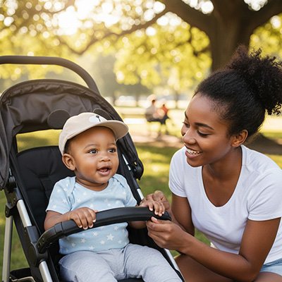 Casquette bebe ,bébé et maman heureux au parc 