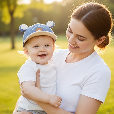Casquette bebe bleu blanc souriant dans les bras de maman 