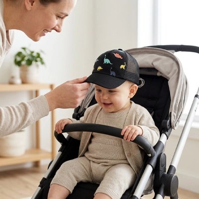 Casquette bebe, bebe heureux dans sa poussette 