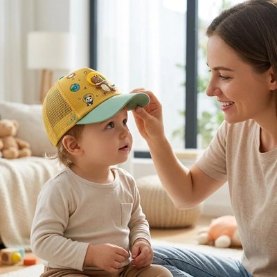 Casquette bebe jaune avec des dessins d'animaux 