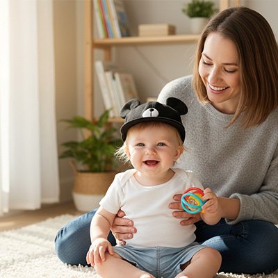 Casquette bebe souriant joue avec maman 