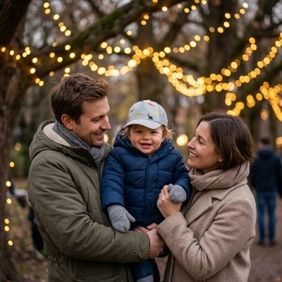 Casquette bebe,bébé avec ses parents dans les rues illuminées