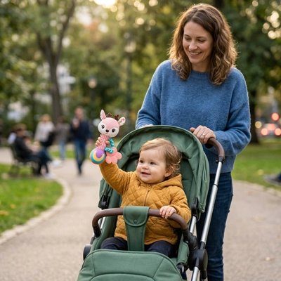 Hochet bébé ,bébé joue avec son hochet dans sa poussette  au parc. 
