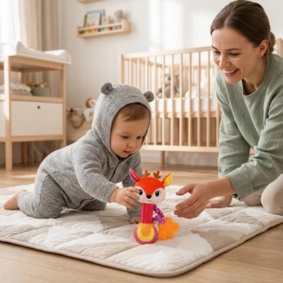 Hochet bébé,maman joue avec son bébé tenant son hochet 