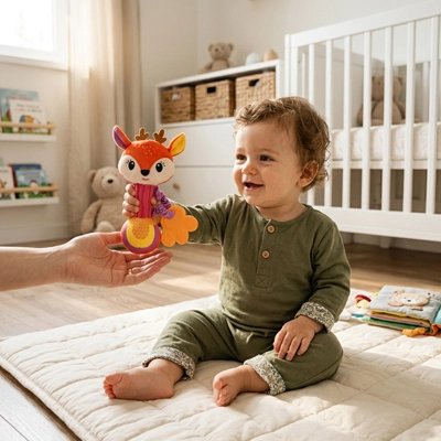 Hochet bébé ,bébé joyeux avec son hochet 