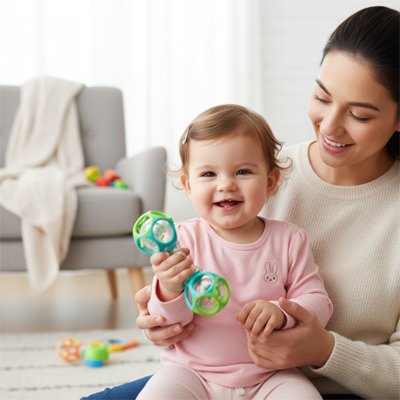 Hochet tenu par un bébé heureux 