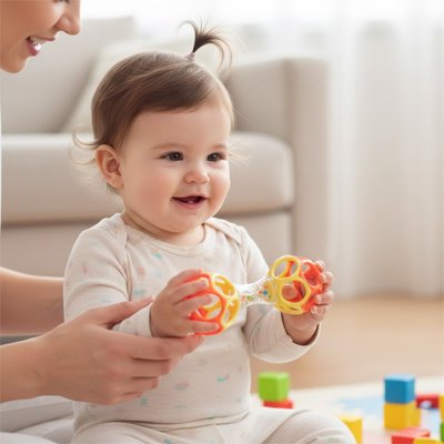 Hochet  tenu par un bébé joyeux 