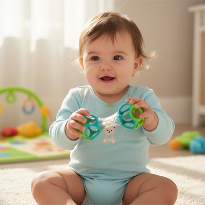 Hochet vert dans les mains bébé 