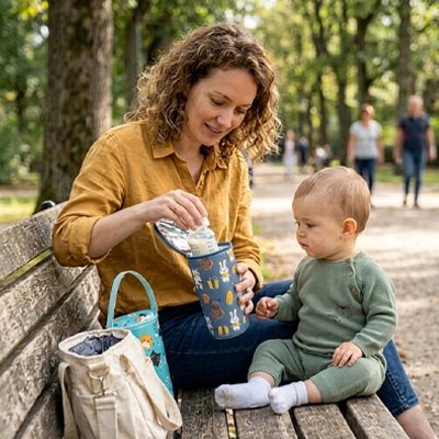 Porte biberon utilisé par une maman assise sur un banc dehors 